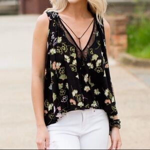Free People Black Floral Open Back Hi Low Swing Top Boho Lace Detail
